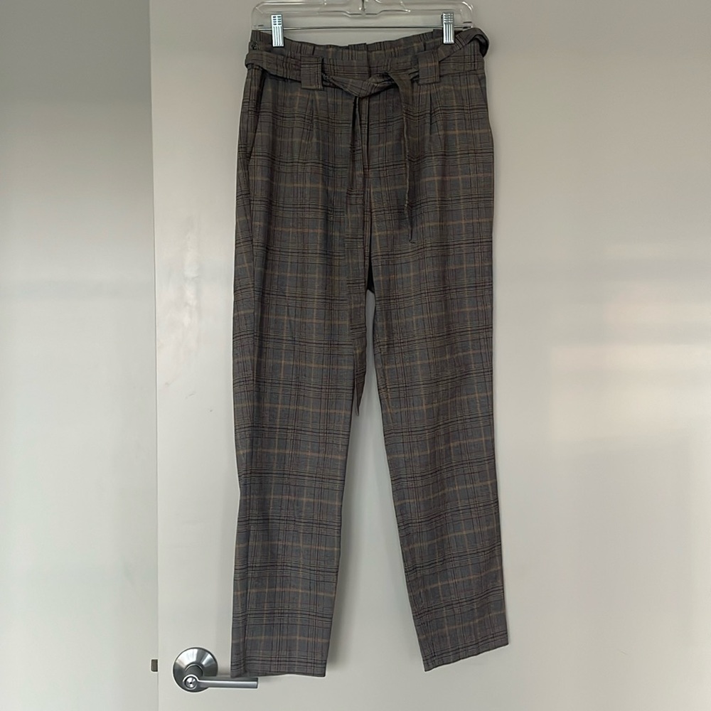 Tie waist plaid express ankle length trousers